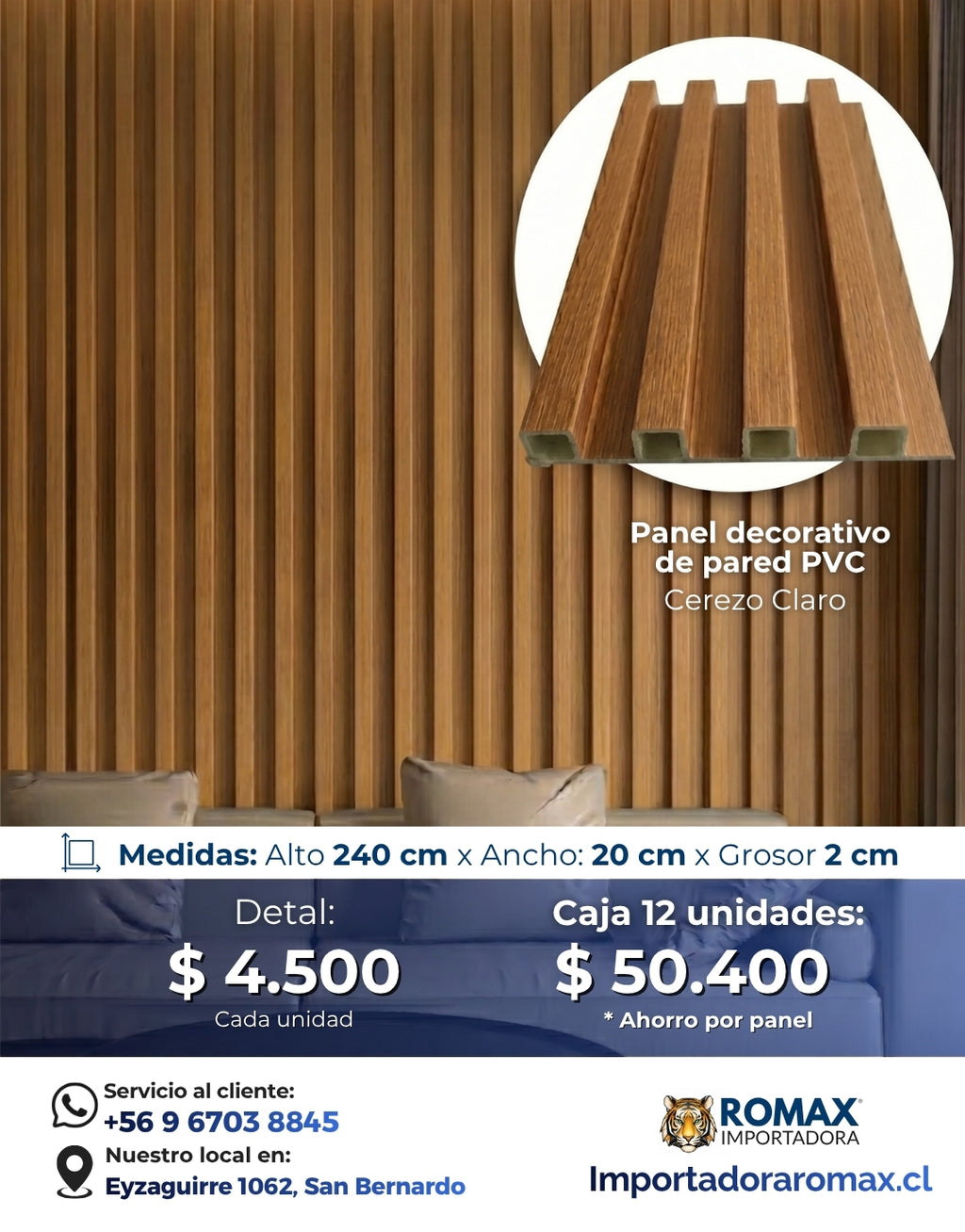 Panel Decorativo PVC Cerezo Claro | Revestimiento Muro Interior 240×20 cm | Sin Obra