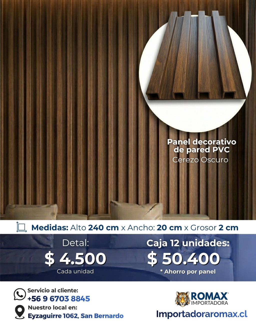 Panel Decorativo PVC Cerezo Oscuro | Revestimiento Muro Interior 240×20 cm | Sin Obra