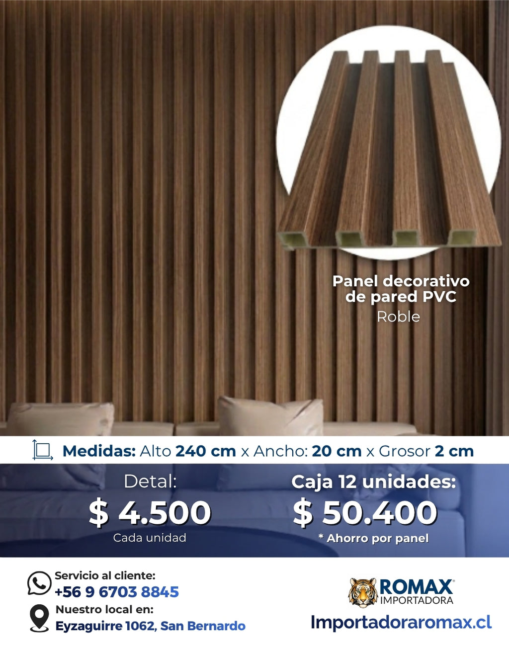 Panel Decorativo PVC Color Roble | Revestimiento Muro Interior 240x20 cm