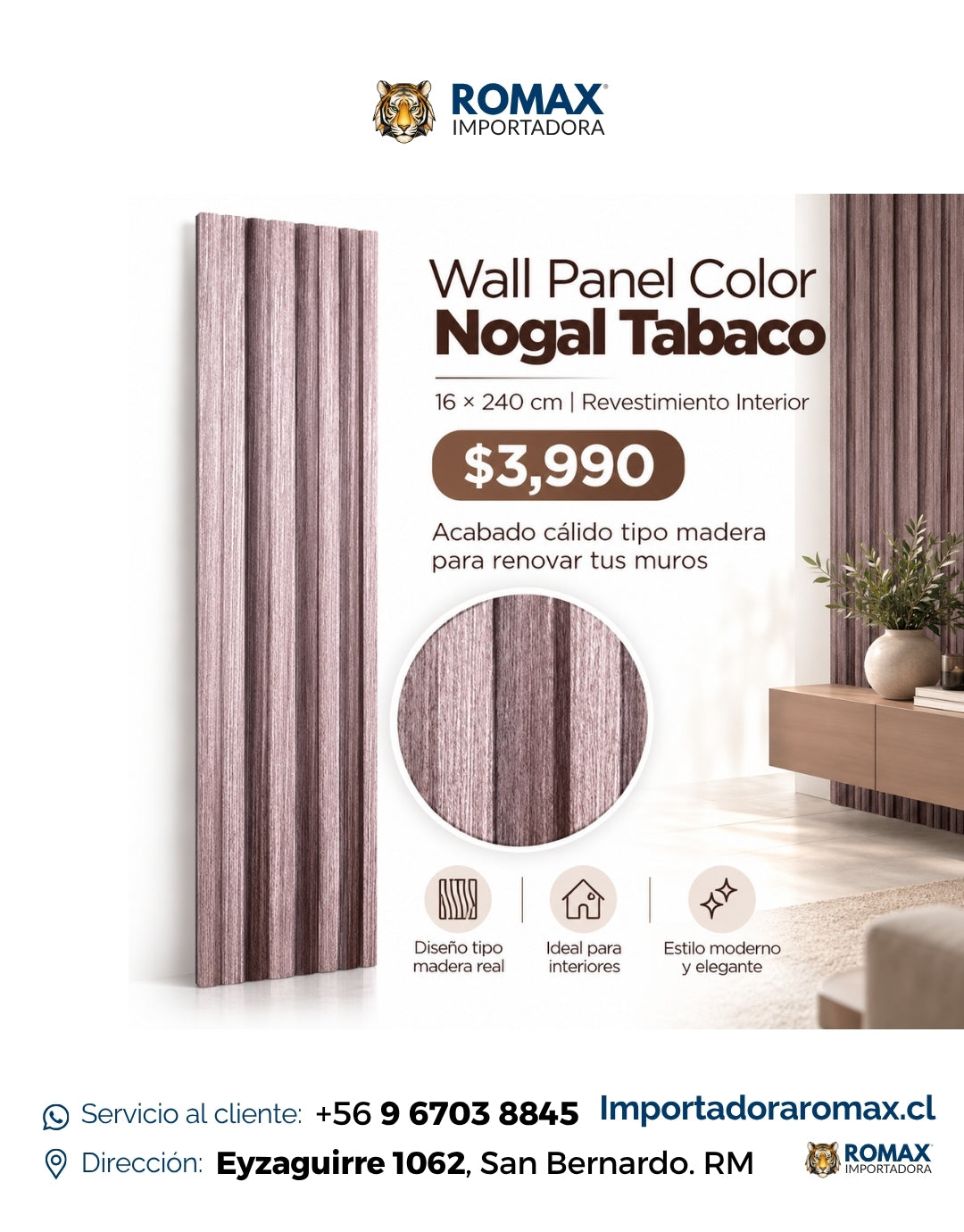 Wall Panel Nogal Tabaco 16 x 240 cm - vista adicional | Importadora ROMAX