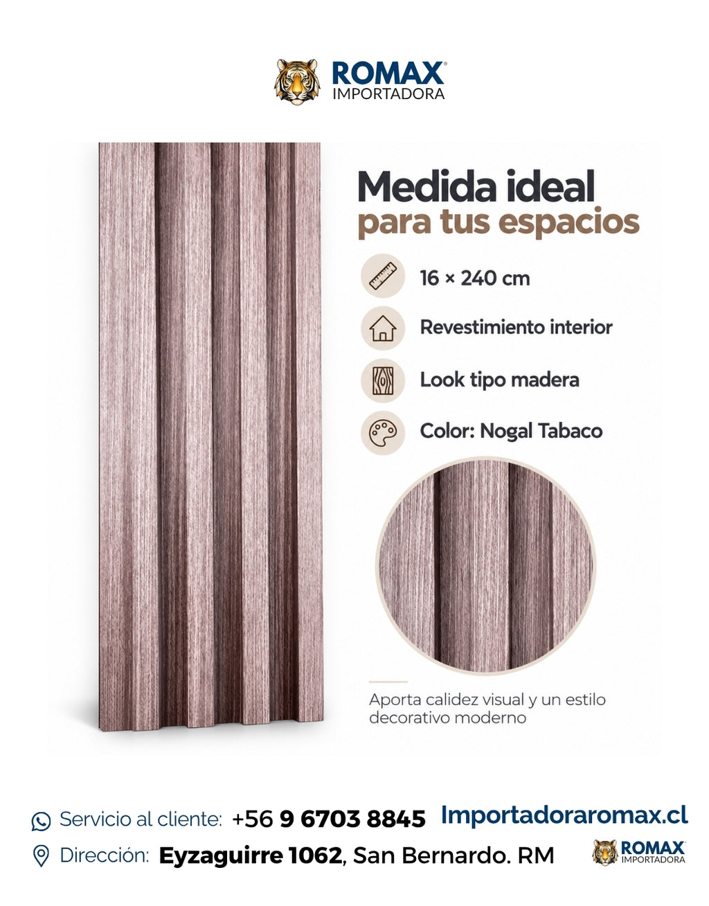 Wall Panel Nogal Tabaco 16 x 240 cm - detalle del revestimiento | Importadora ROMAX