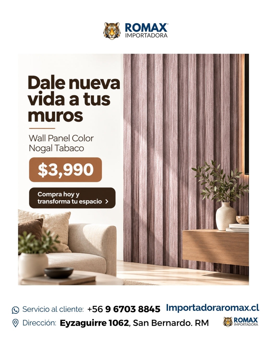 Wall Panel Nogal Tabaco 16 x 240 cm - textura y acabado | Importadora ROMAX