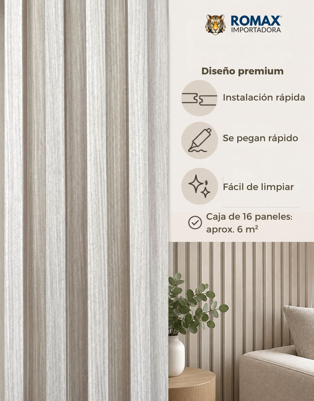 Panel Decorativo de Pared WPC 16×240 cm | Color Arena | Romax Chile