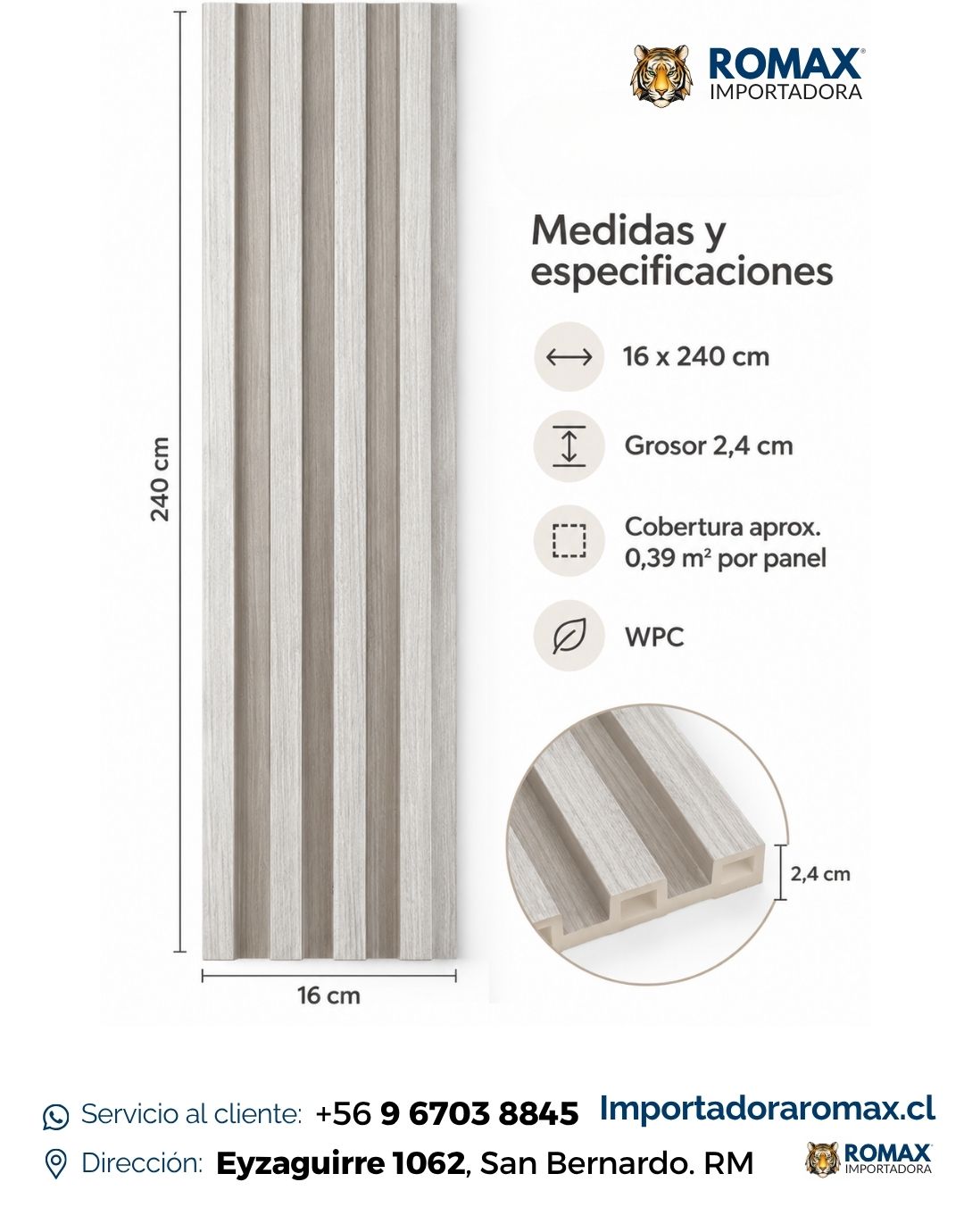 Panel Decorativo de Pared WPC 16×240 cm | Color Arena | Romax Chile