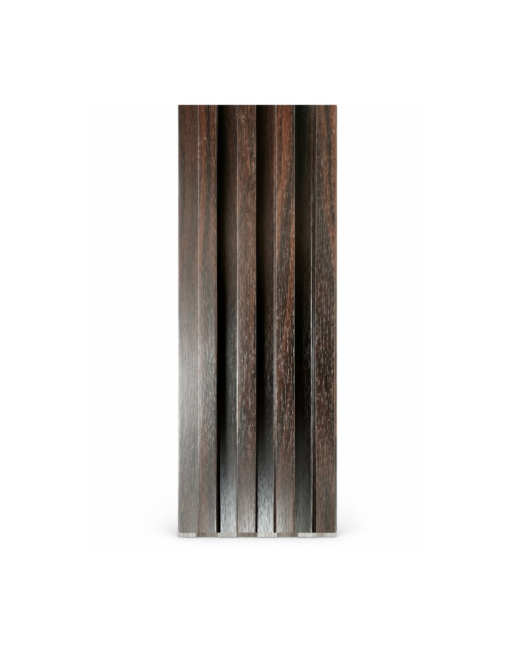 Panel decorativo oscuro con diseño de listones verticales sobre fondo gris.
