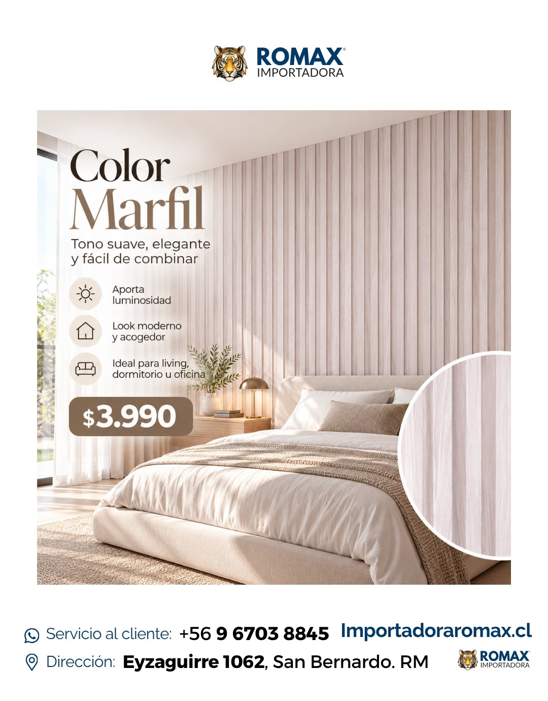 Wall Panel Color Marfil 16 x 240 cm - aplicación interior | Importadora ROMAX