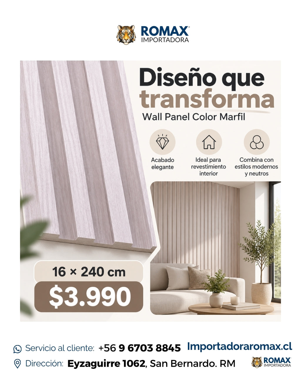 Wall Panel Color Marfil 16 x 240 cm - vista adicional | Importadora ROMAX