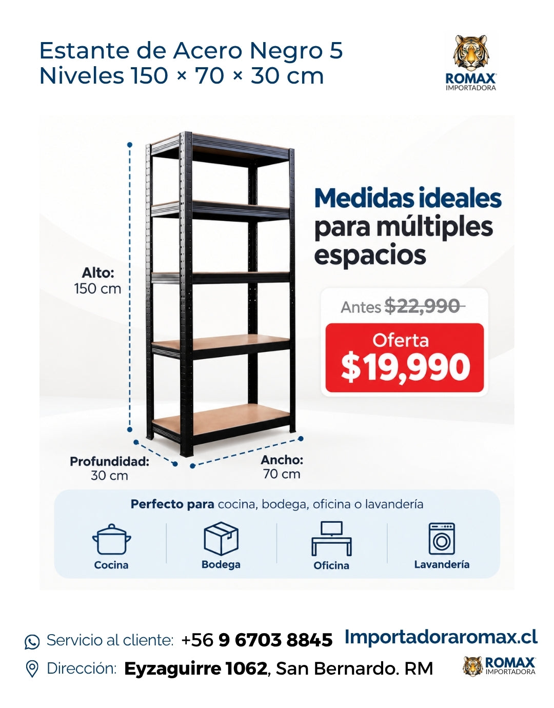 Estante de Acero Negro 5 Niveles 150 × 70 × 30 cm