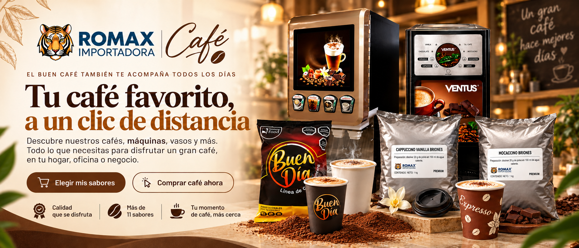 Café ROMAX: café soluble en polvo, máquinas de café Ventus, insumos Briones y Buen Día